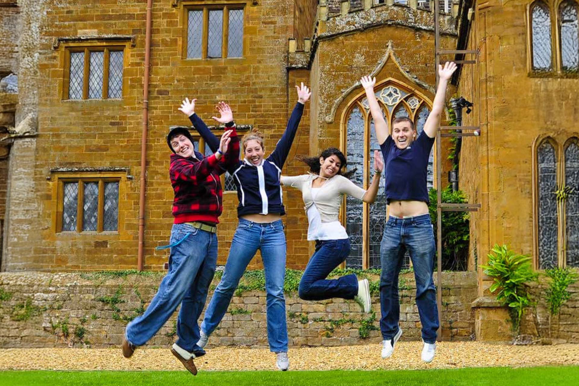 students jumping